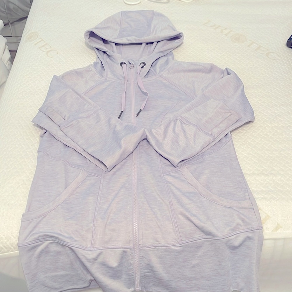 Lavender athletic zip up with hood and pockets!